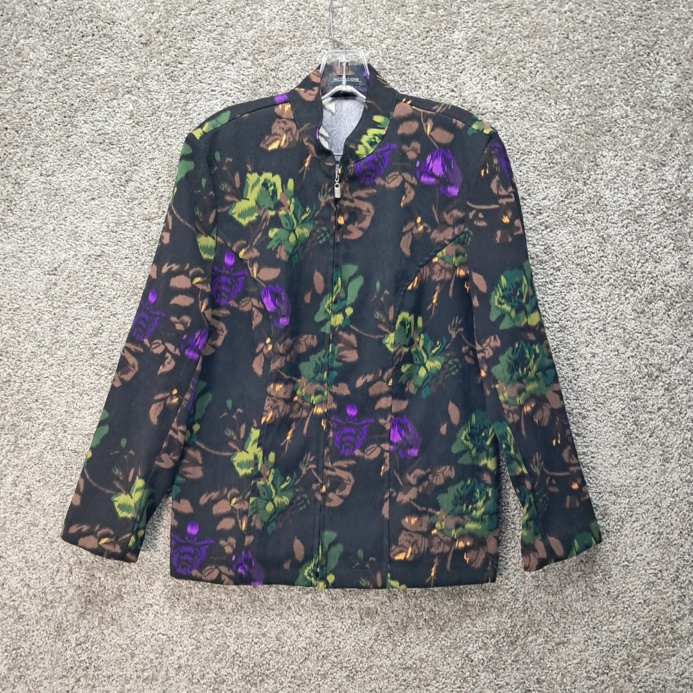 Notations Womens Floral Zip Front Mock Neck Jacket Black Purple Green Size M